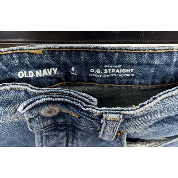 Old Navy Blue Jeans OG Straight High Rise 8 Tall Button Fly Stretch Raw Hem - Picture 6 of 7
